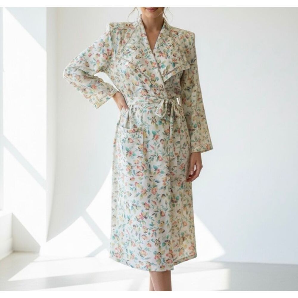 Victoria’s Secret VTG Gold Label Belted Wrap Robe Long Sleeve Midi Floral Cottag